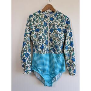 Lands End Mastectomy Paddle Suit Long Sleeve Tugless One Piece Gingham Blue 18W